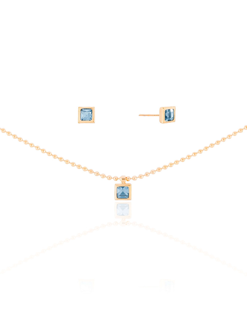Conjunto Turquesa Cravejado Banhado a Ouro 18K