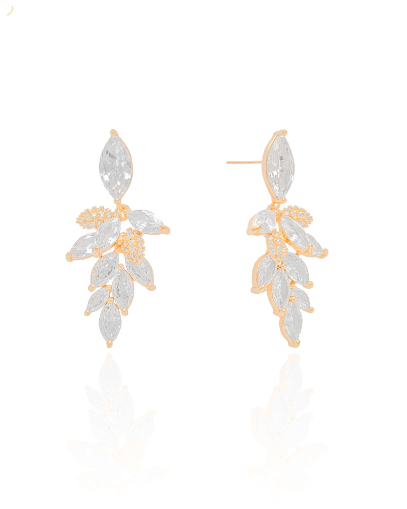 Brinco Folhas Cravejadas Cristal Banhado a Ouro 18K