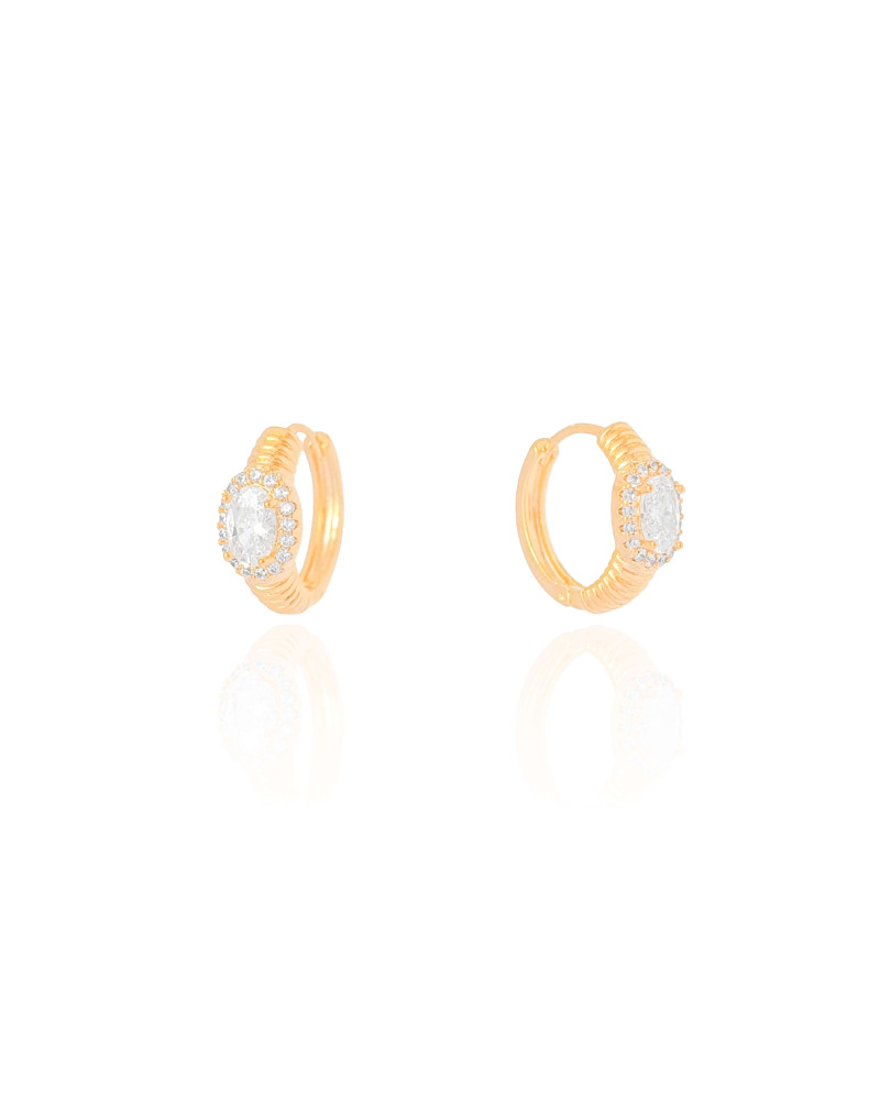 Brinco Argola Detalhada Cravejada Cristal Banhado a Ouro 18K