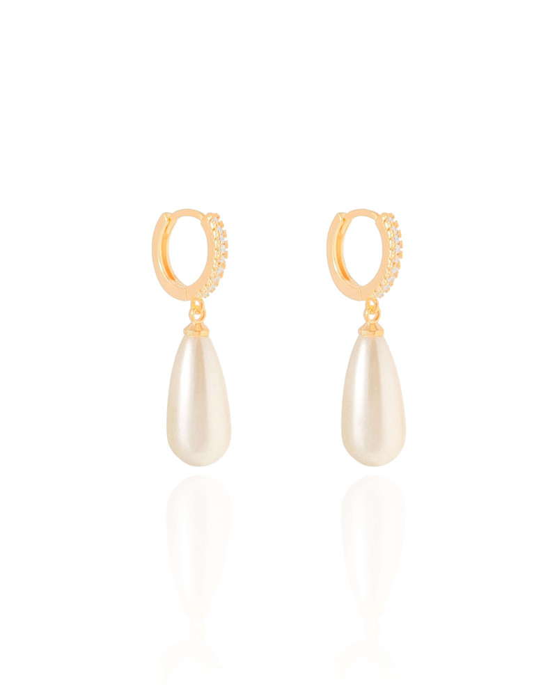 Brinco Argola Cravejada com Pérola Gota Banhado a Ouro 18K
