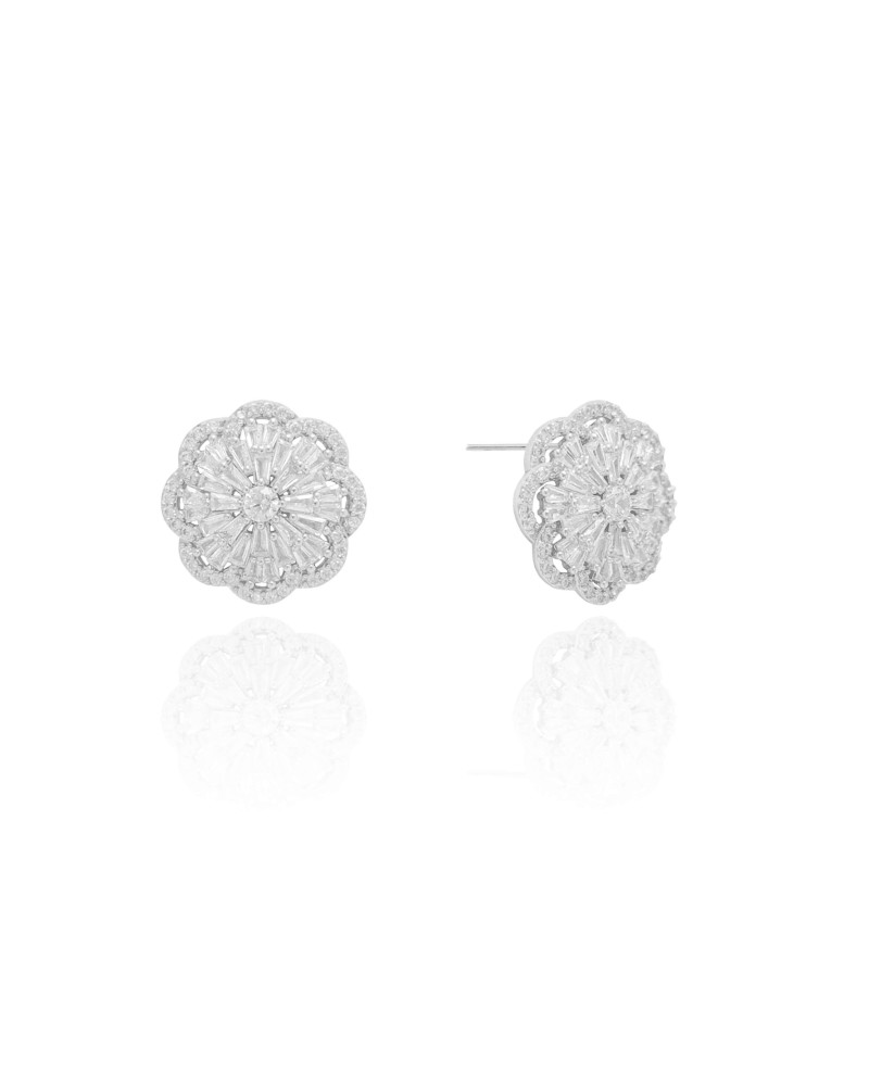 Brinco Flor Cravejado Cristal 1.7 cm Ródio Branco