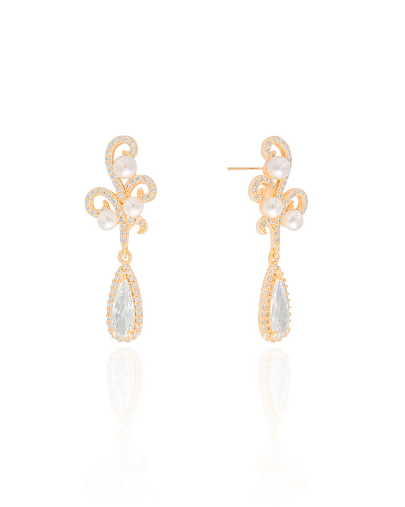Brinco Ondas Cravejadas com Pérolas e Gota Cristal Banhado a Ouro 18K