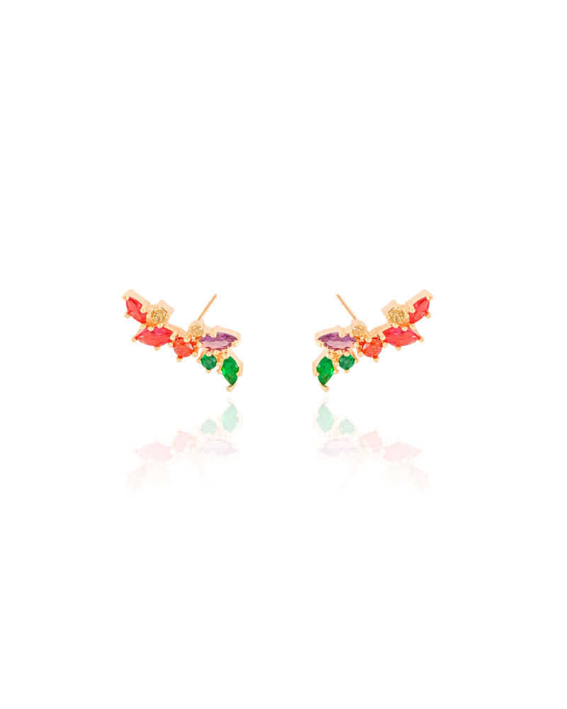Brinco Ear Cuff Cristais Coloridos Banhado a Ouro 18K