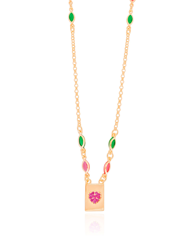 Gargantilha Navetes Coloridos Coração Rosa Banhado a Ouro 18K - 45 cm