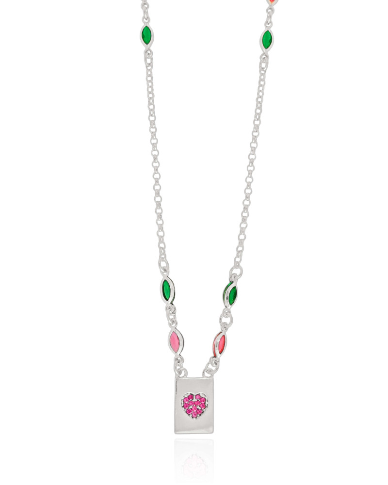 Gargantilha Navetes Coloridos Coração Rosa Ródio Branco - 45 cm