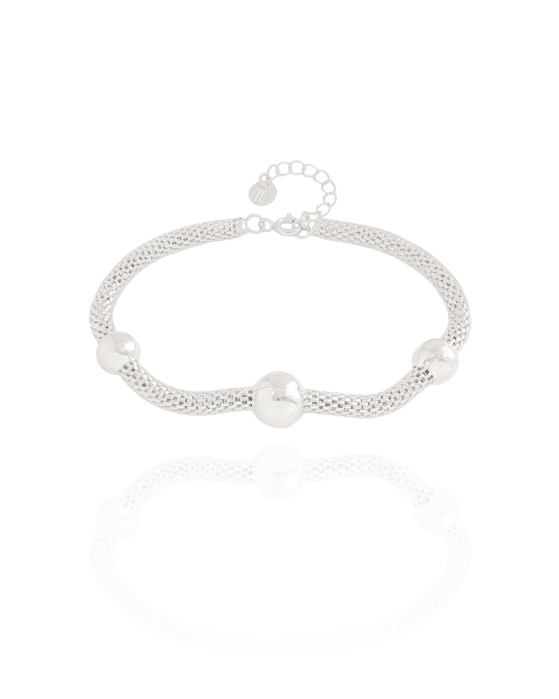 Pulseira Malha Oca Três Bolas Ródio Branco