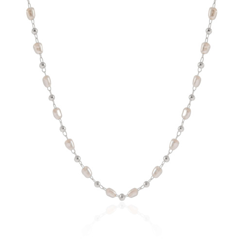 Choker Pérolas e Bolinhas Ródio Branco - 33 cm