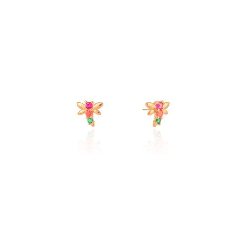 Brinco Infantil Libélula Colorida Banhado a Ouro 18K