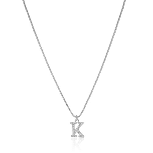 Gargantilha Veneziana Letra K Cravejada Cristal Ródio Branco - 45 cm