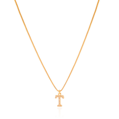 Gargantilha Veneziana Letra T Cravejada Cristal Banhado a Ouro 18K - 45 cm