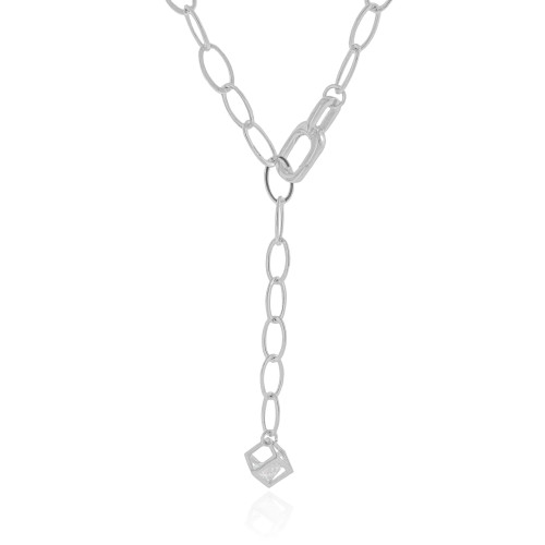 Gargantilha Gravata Ajustável Elos Ovais Cubo Ponto de Luz Cristal Ródio Branco - 45 cm