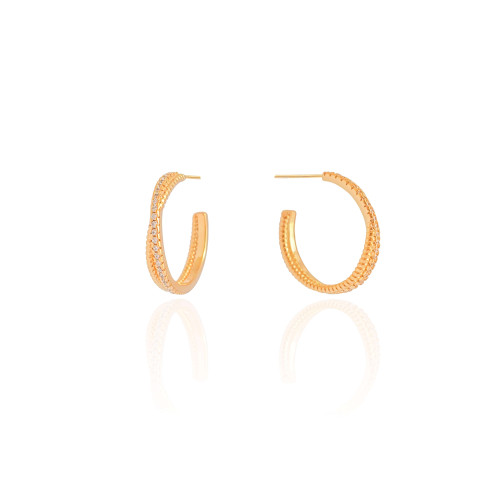 Brinco Argola Entrelaçada Cravejada Cristal 2.2 cm Banhado a Ouro 18K