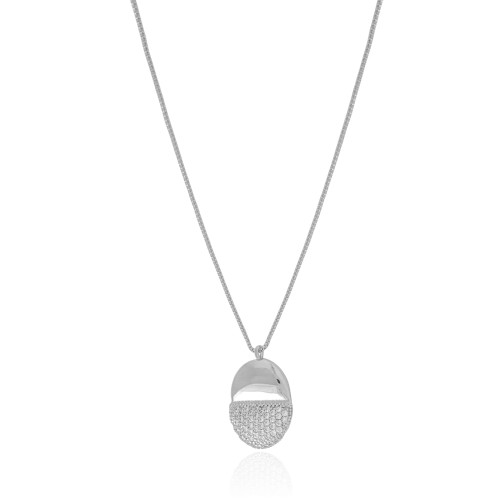 Gargantilha Veneziana Oval Liso e Cravejado Cristal Ródio Branco - 40 cm