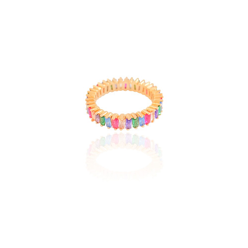 Anel Baguetes Coloridas Tamanho 18 Banhado a Ouro 18K