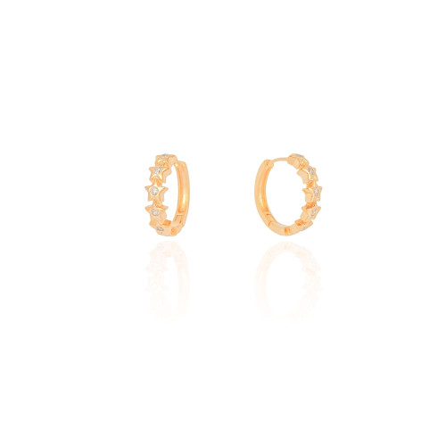 Brinco Argola Click Estrelas Cravejada Cristal 1.7 cm Banhado a Ouro 18K