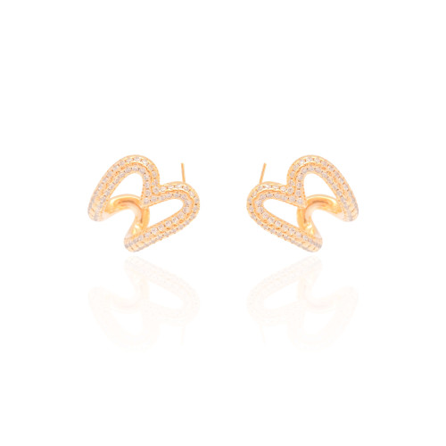 Brinco Argola Coração Vazado Cravejado Cristal 2.2 cm Banhado a Ouro 18K