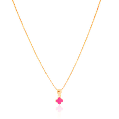Gargantilha Infantil Trevo Rosa 7 mm Banhado a Ouro 18K - 35 cm