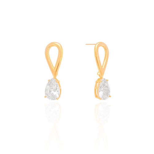 Brinco Gota Dupla Vazado Cristal Banhado a Ouro 18K