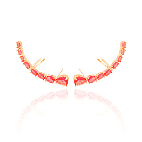Ear Cuff Pontos de Luz Ovais Rubi Cravejado Cristal Banhado a Ouro 18K