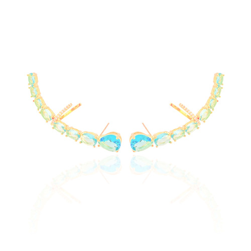 Ear Cuff Pontos de Luz Ovais Topázio Sky Cravejado Cristal Banhado a Ouro 18K