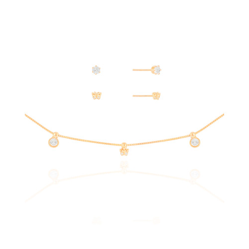 Conjunto Borboleta e Ponto de Luz Cristal Banhado a Ouro 18K
