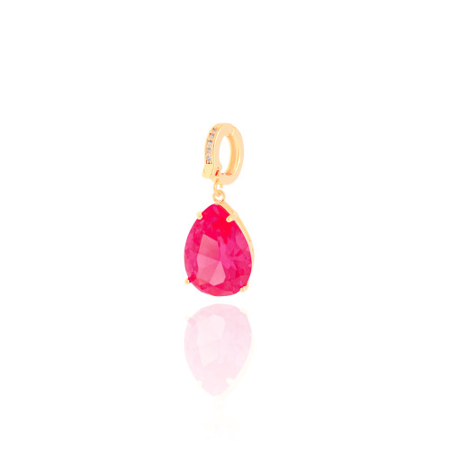 Pingente Gota Safira Rosa Cravejada Cristal Banhado a Ouro 18K