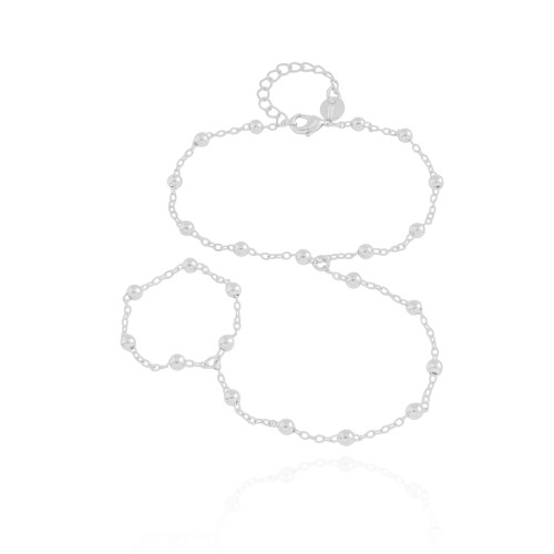 Pulseira Hand Chain Elos Bolinhas 3 mm Ródio Branco