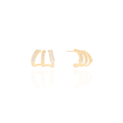 Brinco Argola Filetes Cravejados Baguetes Cristal 1.3 cm Banhado a Ouro 18K