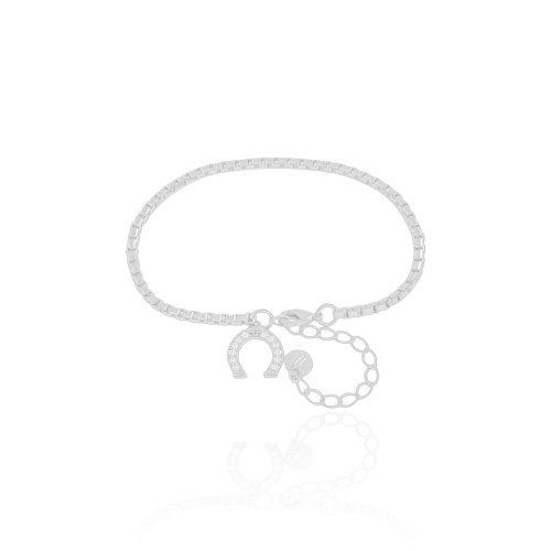 Pulseira Elos Quadrados Ferradura Cravejada Cristal Ródio Branco