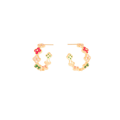 Brinco Argola Flor Colorida Banhado a Ouro 18K