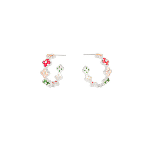 Brinco Argola Flor Colorida Ródio Branco