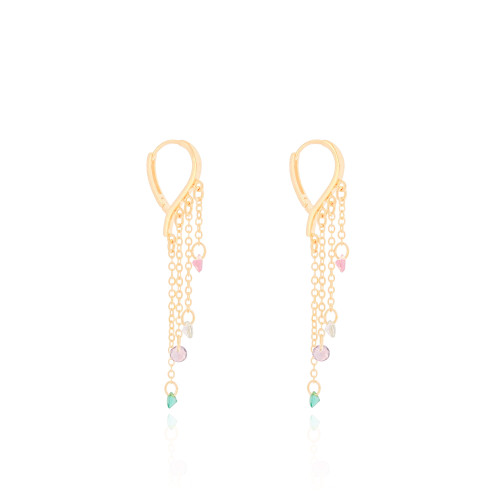 Brinco Argola Gota Franja Ponto de Luz Colorido Banhado a Ouro 18K
