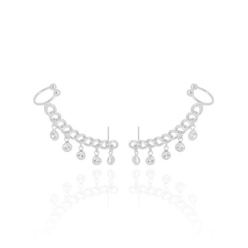 Brinco Ear Cuff Elos Vazados Ponto de Luz Cristal Ródio Branco