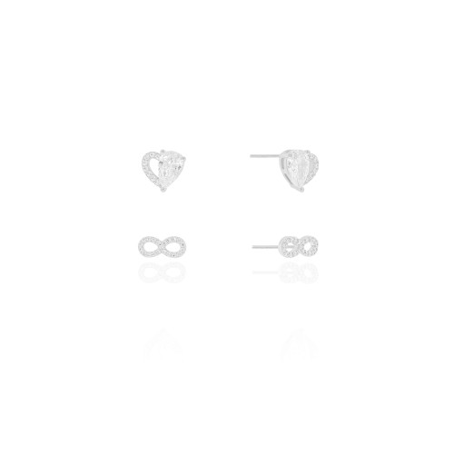 Brinco Duplo Coração Cravejado Cristal e Infinito Cravejado Cristal Ródio Branco