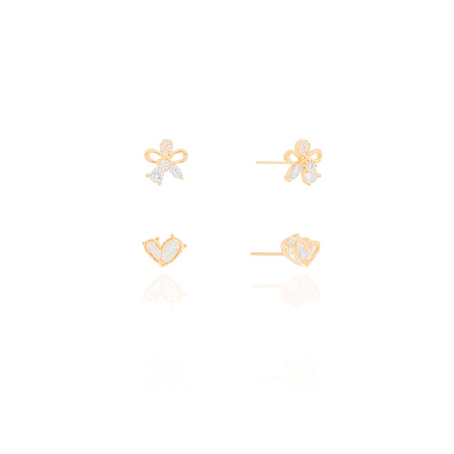 Brinco Duplo Coração Cristal e Flor Cristal Cravejada Banhado a Ouro 18K