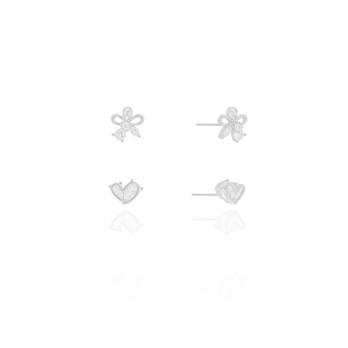 Brinco Duplo Coração Cristal e Flor Cristal Cravejada Ródio Branco
