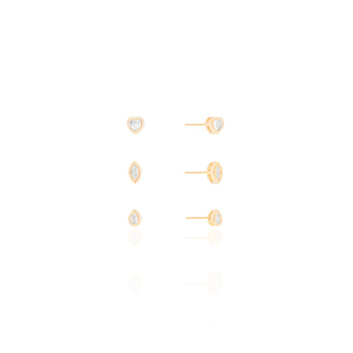 Brinco Trio Ponto de luz Gota Coração e Navetes Banhado a Ouro 18K