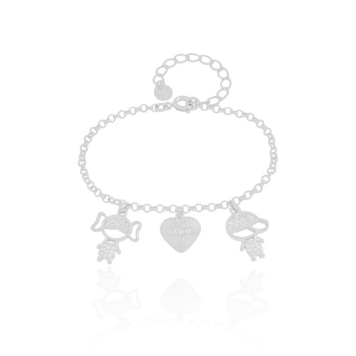 Pulseira Filho e Filha com Coração Amor Ródio Branco