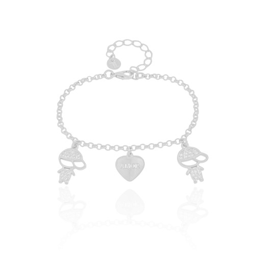 Pulseira Filhos Meninos com Coração Amor Ródio Branco