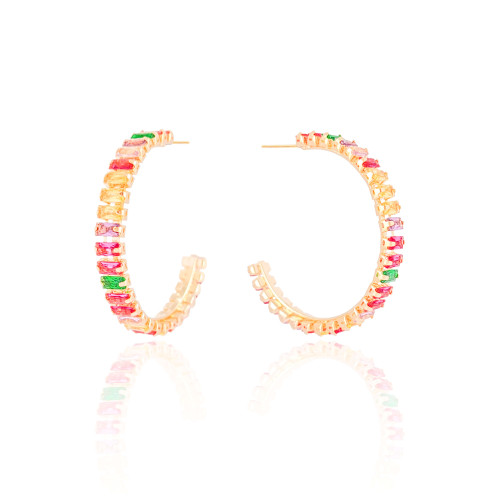 Brinco Argola Zircônias Coloridas Retangular Banhado a Ouro 18K