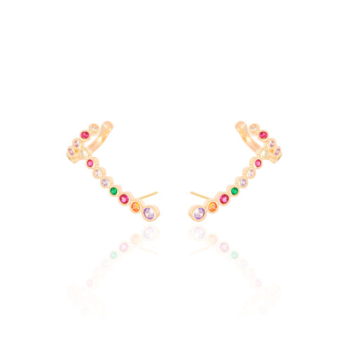 Brinco Ear Cuff Cravejado Redondo Colorido Banhado a Ouro 18K