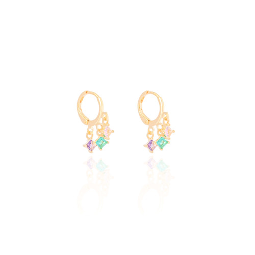 Brinco Argola Quadrados Cravejado Coloridos Banhado a Ouro 18K