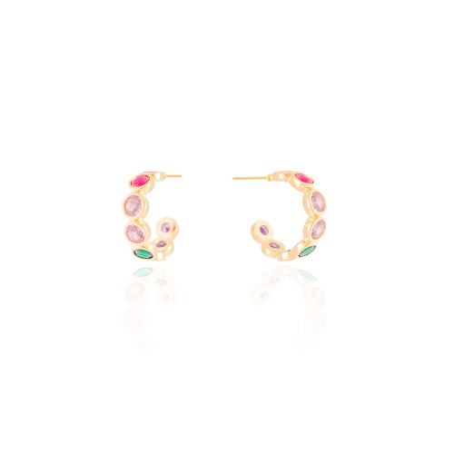 Brinco Meia Argola Redonda Colorida Banhado a Ouro 18K