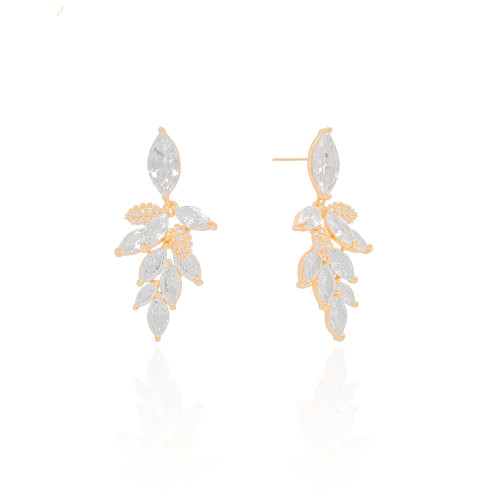 Brinco Folhas Cravejadas Cristal Banhado a Ouro 18K