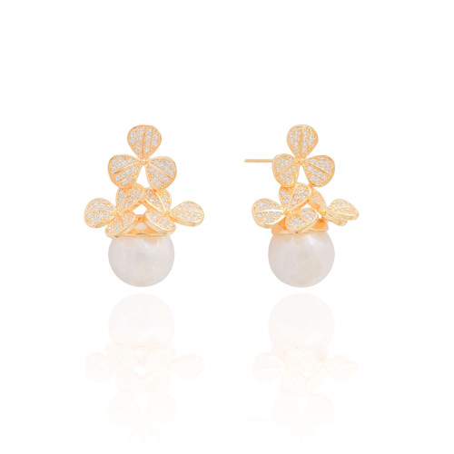 Brinco Folhas Cravejadas Cristal com Pérola Banhado a Ouro 18K
