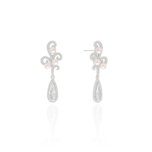 Brinco Ondas Cravejadas com Pérolas e Gota Cristal Ródio Branco