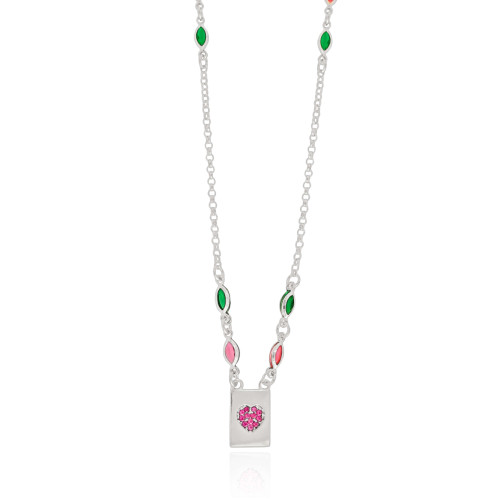 Gargantilha Navetes Coloridos Coração Rosa Ródio Branco - 45 cm