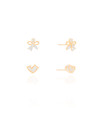 Brinco Duplo Coração Cristal e Flor Cristal Cravejada Banhado a Ouro 18K