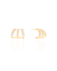 Brinco Argola Filetes Cravejados Baguetes Cristal 1.3 cm Banhado a Ouro 18K
